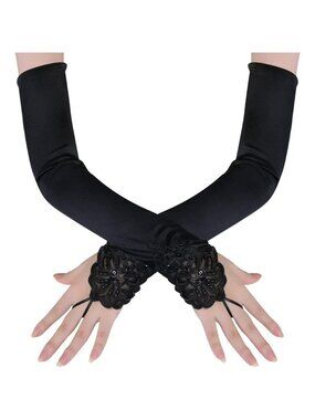 Women's Long Smooth Black Long Opera Party 20s Satin Glove Stretchy Elbow Length